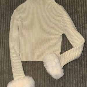 Elegant Cropped Mock Neck Cream Sweater with Faux Fur Cuffs